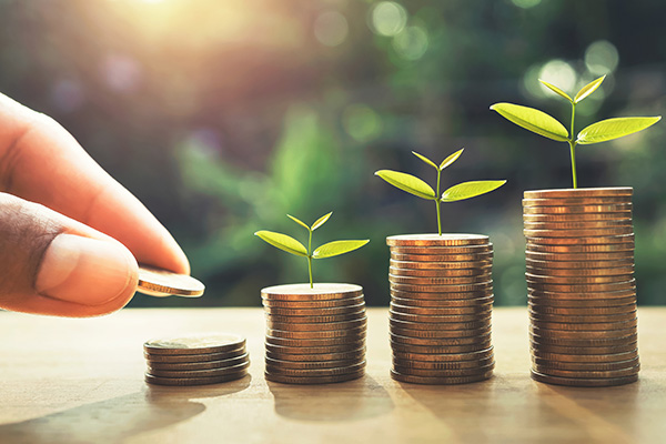 hand putting coins on stack with plant growing on money . finance and accounting