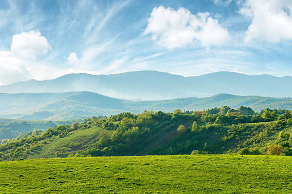 panorama of beautiful countryside of romania. sunny afternoon. wonderful springtime landscape in mountains. grassy field and rolling hills. rural scenery