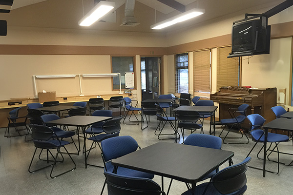 Tables and chairs in a room